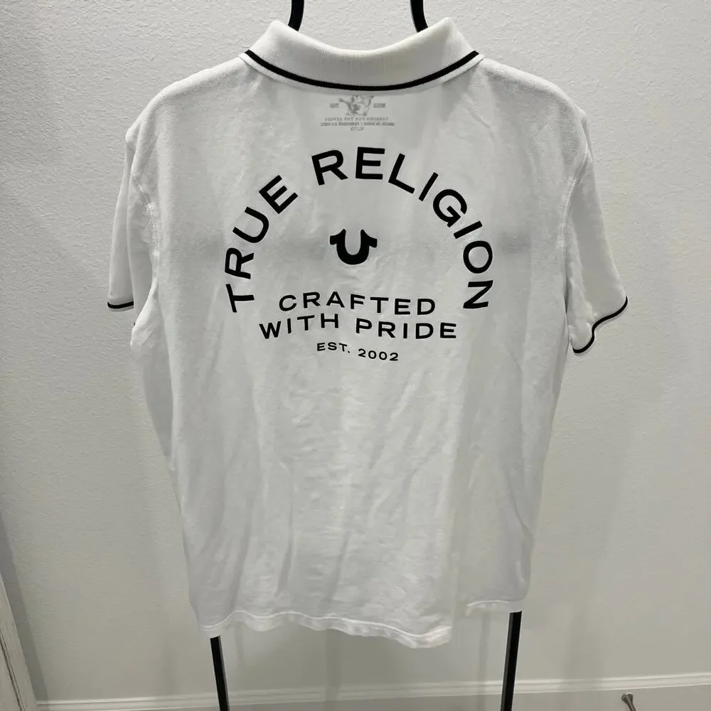 True Religion Men's XL White Black Graphic Polo Shirt